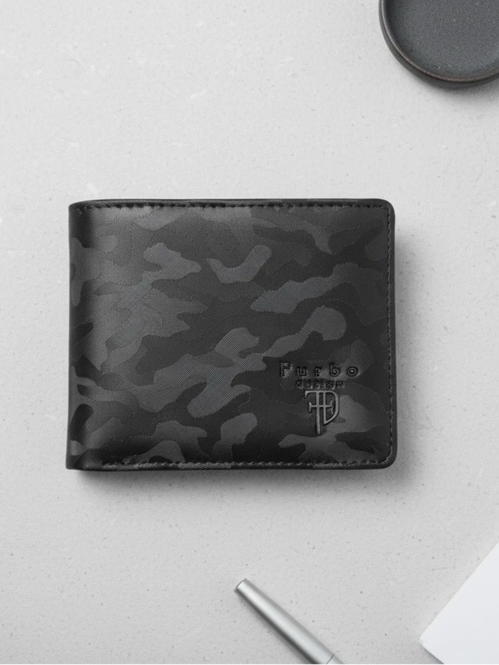 Furbo Design Black Italian Design Camouflage Microfiber Leather Bi-Fold Wallet